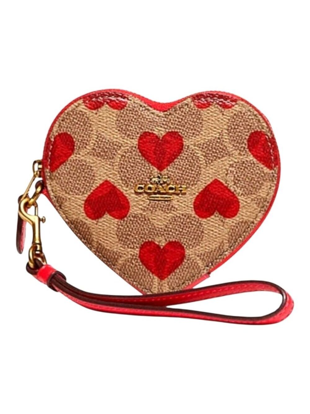 COACH SIGNATURE CANVAS HEART PRINT COIN CASE WRISTLET RED TAN ZIP